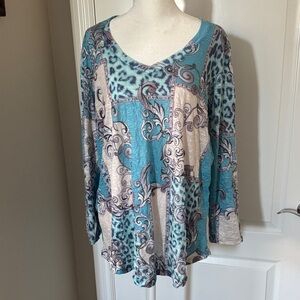 Elegant Teal and Cream Long Sleeve Top